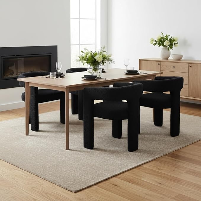 DAYALANE Modern Boucle Dining Chair, Sherpa Upholstered Accent Kitchen Chair with Arms Comfy Barrel Side Chair for Living Room/Home Office/Reception, Black Fur