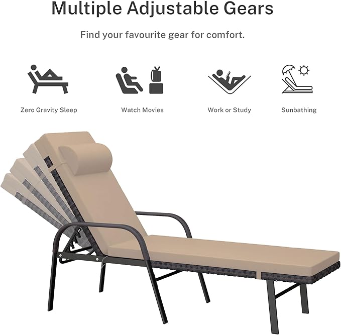 Trumbeak Patio Chaise Lounge Set 3 Pieces Pool Lounge Chairs,Cushioned Outdoor Folding Lounge Chair w/Arm and Rattan Adjustable Backrest for Poolside Porch,Folding Table Included,Sand