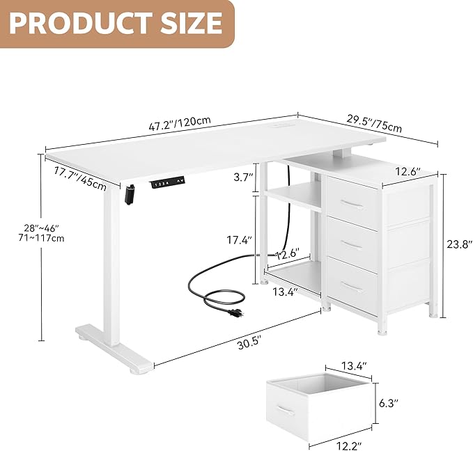 47 Inch L Shaped Standing Desk with 3 Drawers Electric Standing Desk with Storage Computer Game Desk Adjustable Height Desk with Power Outlets 4 Memory Presets for Home Office, White