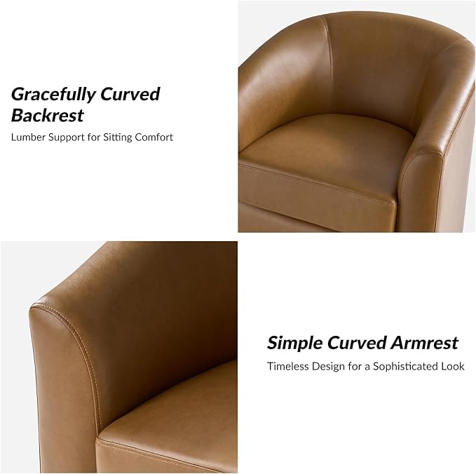 HULALA HOME Faux Leather Swivel Accent Chairs Set of 2 with Solid Wood Base, Round Swivel Barrel Chairs for Living Room and Bedroom, Camel