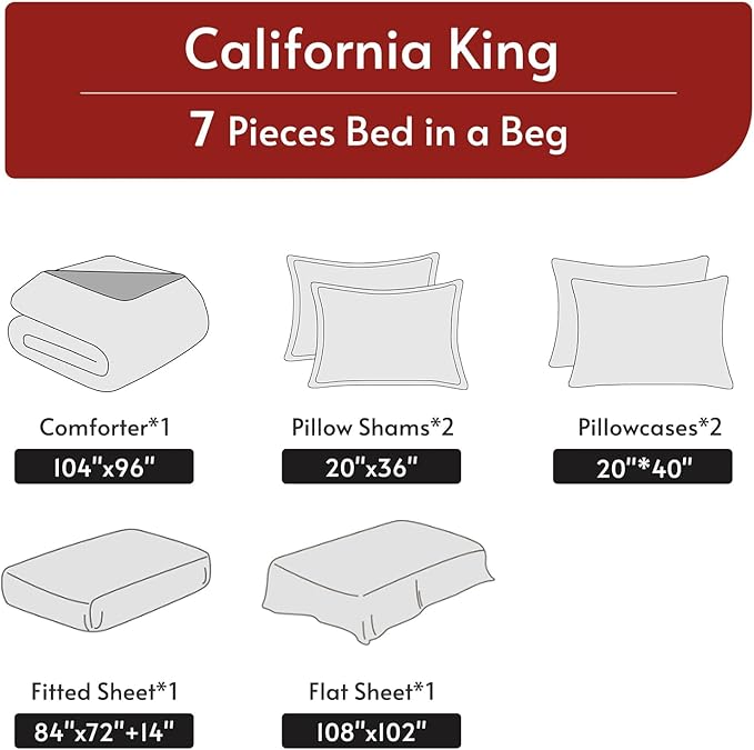MUXHOMO 7 Pieces California King Comforter Set, Reversible Bed in a Bag Cal King Size, All Season Bedding Set with Comforter, Flat Sheet, Fitted Sheet, Pillowcases & Shams, Pink & Light Grey