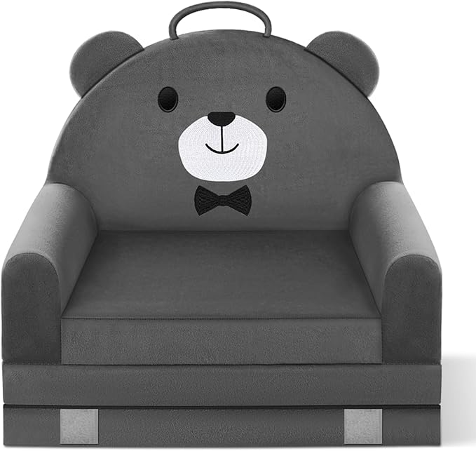 ORWIPO Kids Sofa Bed with Removable Washable Cover & Magic-Tape Backrest – Foldable Toddler Chair, Cozy Crystal Velvet Furniture for Playtime, Naps & Travel (Dark Gray, Bear Design)