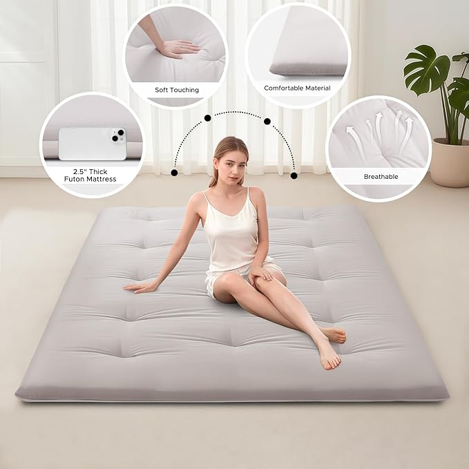 Japanese Floor Futon Mattress, 100% Cotton 2.5" Thicken Foldable Mattress Tatami Mat Sleeping Pad, High Density Foam, Ideal for Comfort and Support, Kids Floor Lounger Pillow Bed Sofa, Grey, Twin