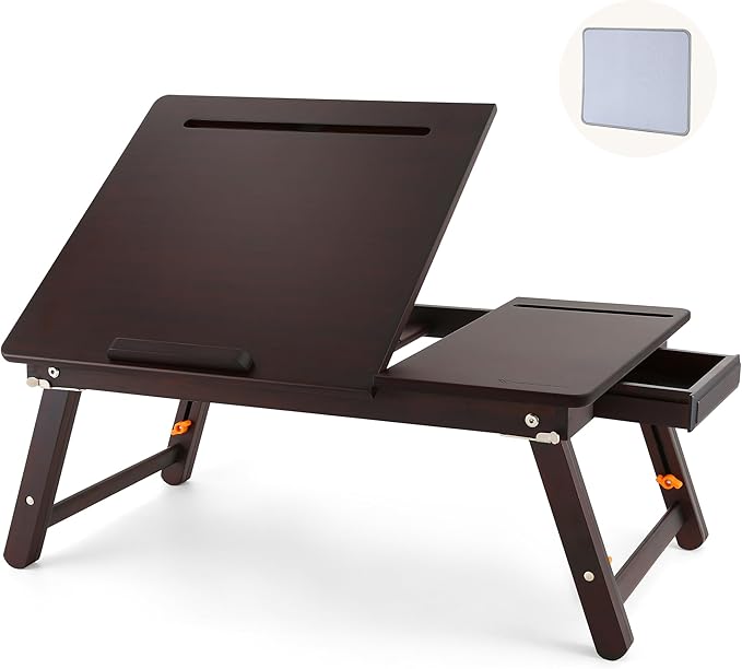 Nnewvante Laptop Desk, Height & Angle Adjustable Lap Desk Bed Tray Table, Foldable Laptop Table with Drawer, Mouse Pad, Tablet & Phone Slots for Working Reading Writing Eating, Black Walnut