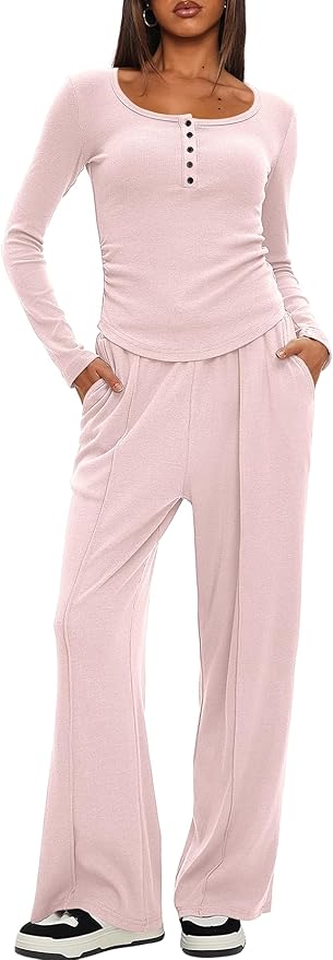 Darong Womens 2 Piece Matching Lounge Sets 2026 Long Sleeve Henley Shirts Wide Leg Pants Airport Travel Outfits