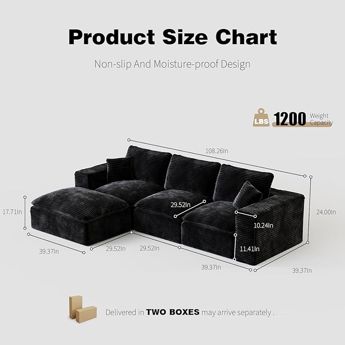 ZIGHTH 108" Plush Corduroy L Shaped Sectional Cloud Sofa Couch with Ottoman, Soft Deep Seat Modular Sectional Couches for Living Room,No Assembly. Black