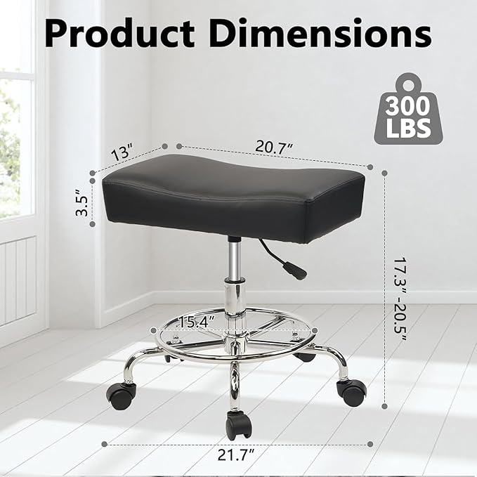 Heavy Duty Extra Wide Rolling Stool PU Leather Thickened Seat Cushion with Foot Rest Adjustable Height Swivel with Wheels for Spa Salon Tattoo Work Massage Barstool, Black, 2 Pack