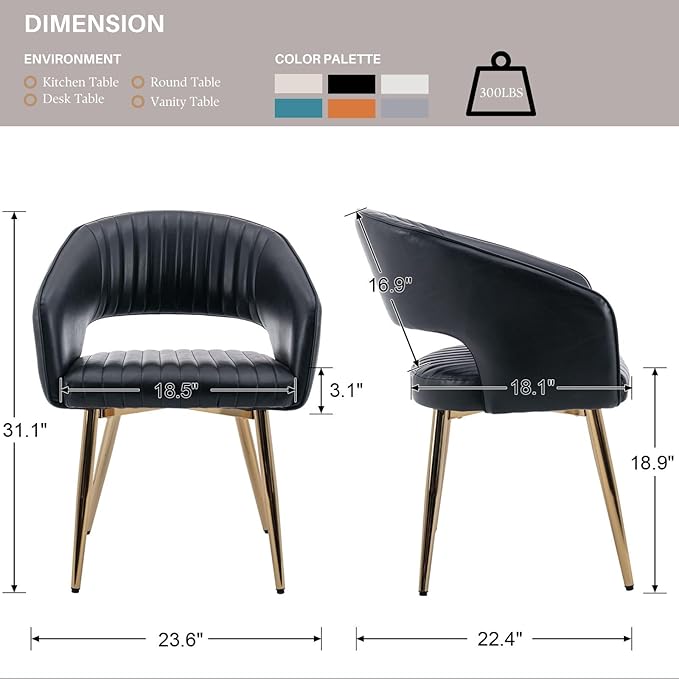 Faux Leather Dining Chairs Gold Legs, Modern Black PU Leather Dining Room Chairs with Arms Set of 4 Upholstered Accent Chair Armchair with Barrel Back for Kitchen Living Room