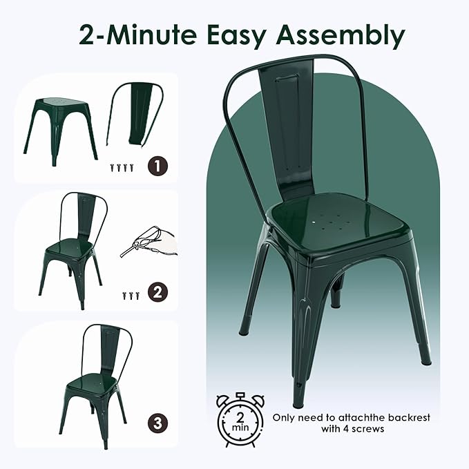 Metal Dining Chairs Set of 4,Stackable Tolix Chair Indoor/Outdoor for Kitchen,Cafe,Restaurant,Bistro & Patio Multiple Colors(Dark Green)