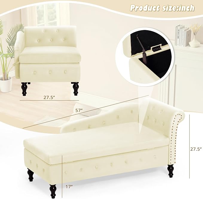 ACMEASE Upholstered Chaise Lounge with Right Armrest & Lumbar Pillow,Button Tufted Lounge Sofa with Storage,Lounge Chair Indoor,Modern Velvet Lounge Chair for Bedroom, Living Room and Office,Beige