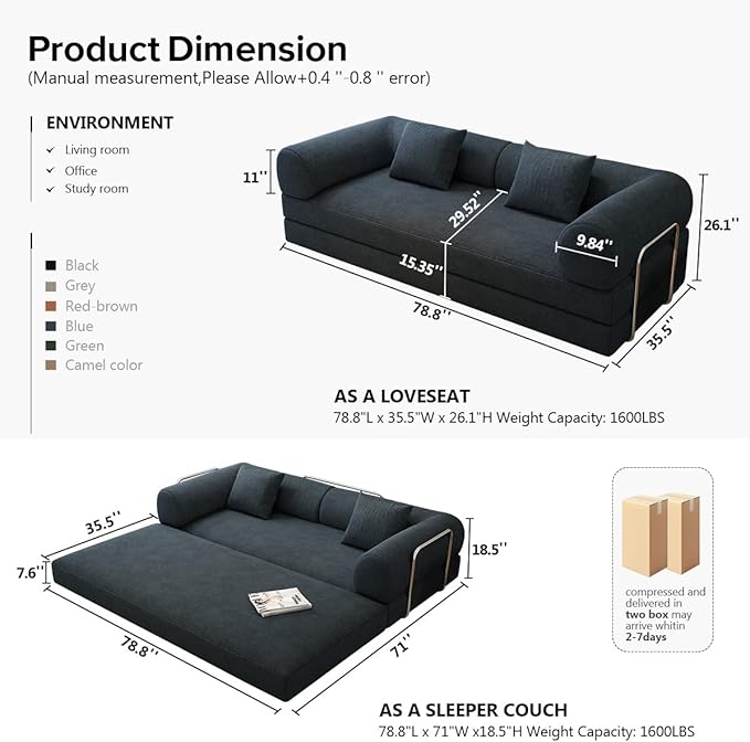 YUODL 78.8" Modular Sofa Bed - 4-in-1 Convertible Design with Corduroy Fabric and High Density Sponge, Removable Cover and Fixed Frame