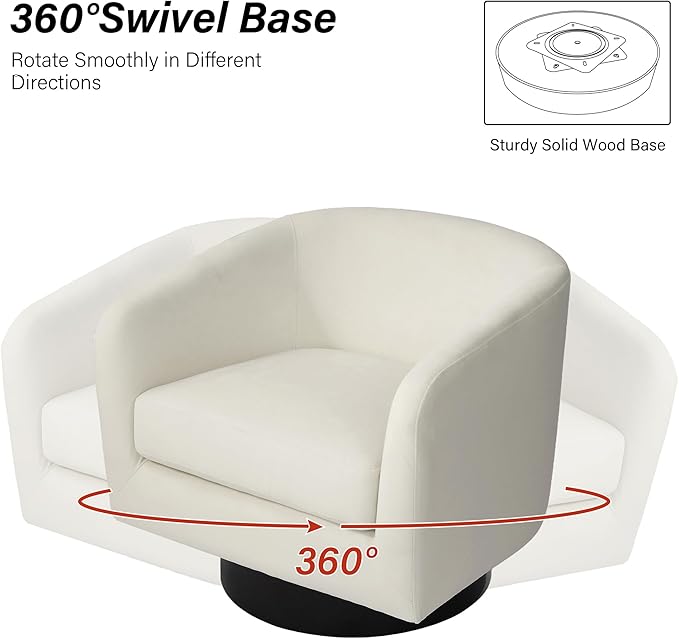 Swivel Barrel Chair, Modern Round PU Leather Accent Armchair for Living Room, Bedroom, Oversized Comfy Club Reading Chairs for Adults (Velvet Ivory, Set of 2)
