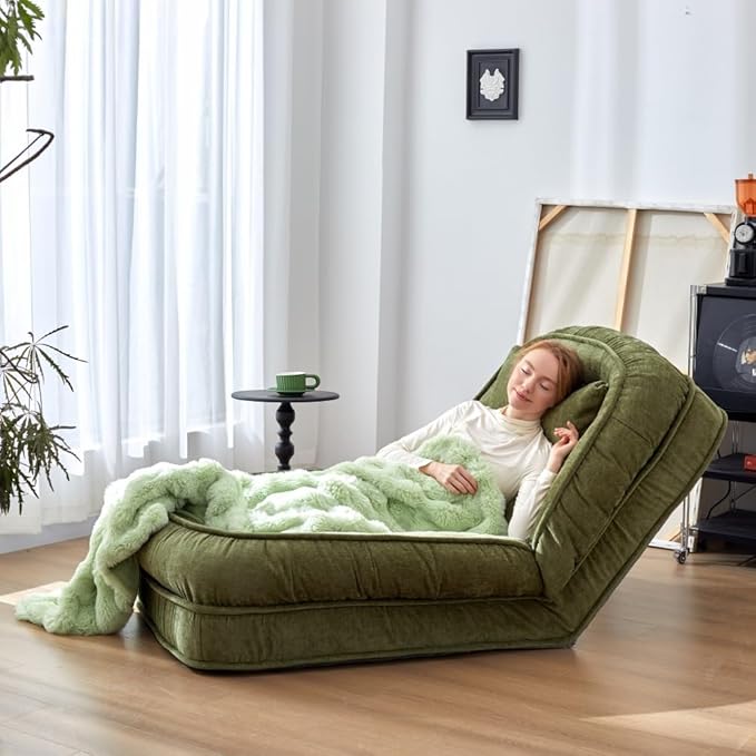 LouannTatami Foldable Lazy Sofa Bed Floor Chair - Adjustable Human Dog Bed for Adults Kids Floor Seats - Cozy Small Couch for Home Living Room (Green)