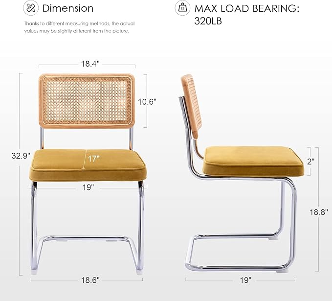 Zesthouse Dining Chairs Set of 4, Natural Rattan Accent Chairs with Solid Wood Back & Stainless Chrome Base, Mid Century Modern Breuer Design Inspired, Upholstered Velvet Kitchen Chairs, Yellow