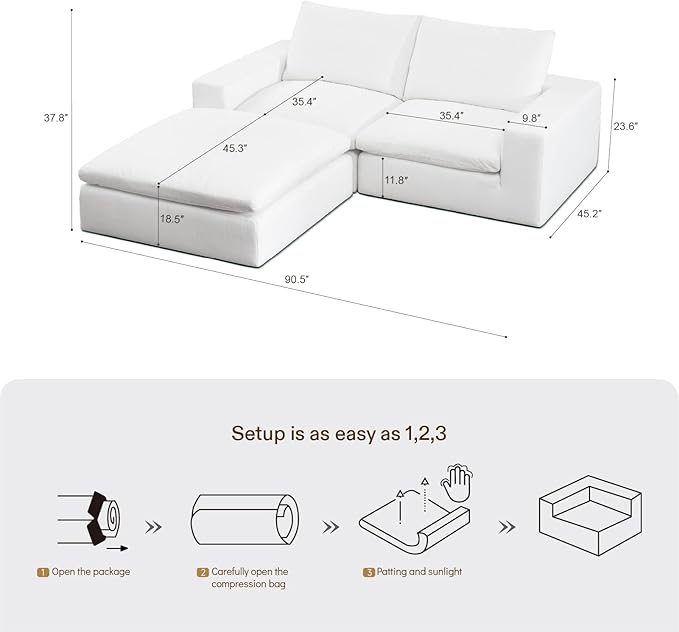 Vorthio Cloud Couch Sectional Oversized Modular Sofa with 35'' Deep Seat Boneless Couch L-Shape Comfy Sofa Stain-Resistant White Sectional Couches for Living Room Apartment Loveseat with Ottoman