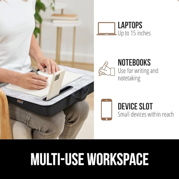 GORILLA GRIP Laptop Lap Desk with Phone Holder, Pillow Cushion Desks Fit Laptops up to 15.6", Gifts for Home, Portable Travel Workstation, Tray Ledge Keep Computers in Place, Marble Pattern