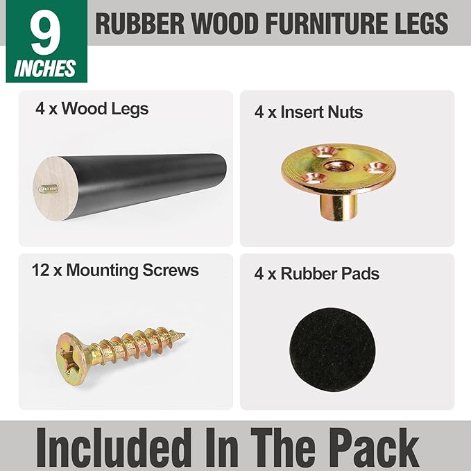 FoDau770 Black Rubber Wood Furniture Legs 9 Inches, Slant Tapered Wood Feet Mid Century Sofa Legs Set of 4, 5/16" UNC Furniture Feet Replacement Parts for Cabinet Couch Dresser Chair Ottoman Table