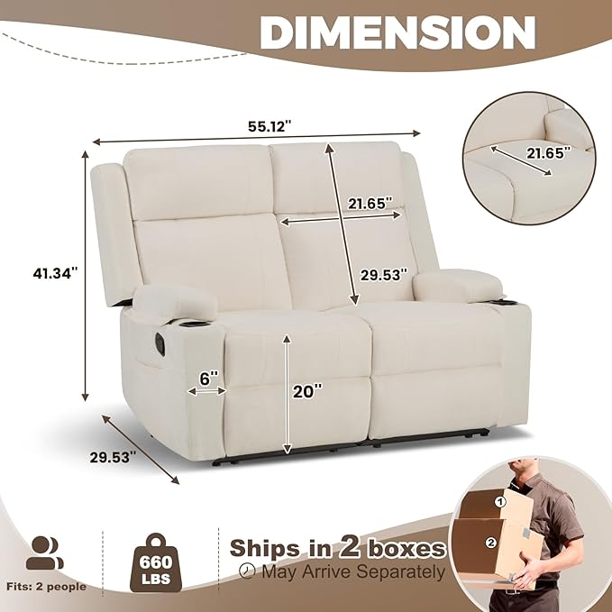 PALLOME Manual Reclining Loveseat Sofa, 2-Seater Recliner Couch with Cup Holders, Fabric Reclining Sofa for Living Room/RV (Cream)
