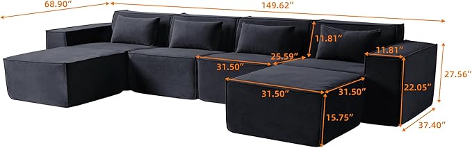 JACH U-Shaped Cloud Sectional Couch, 149" Huge Plus Modular Sofa, Modern Comfy Cloud Couches with Reversible Chaise Ottoman, Sofas Furniture for Living Room, Office, Apartment, Black