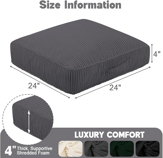 PRIMEPATIO Floor Pillow for Adults, 4" Square Floor Cushions with Washable Cover, Large Corduroy Meditation Pillow, 24 inches Tatami Seat with Handle for Living Room or Yoga, Dark Grey