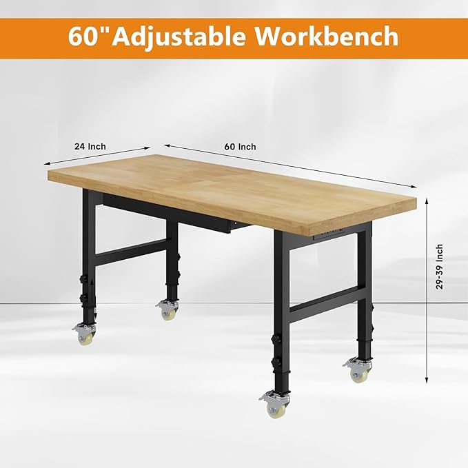 60" Heavy Duty Work Bench with Wheels, Adjustable Height Workbench with Drawers, 2000 LBS Capacity Work Table with Power Outlets for Garage, Workshop, Office, Home