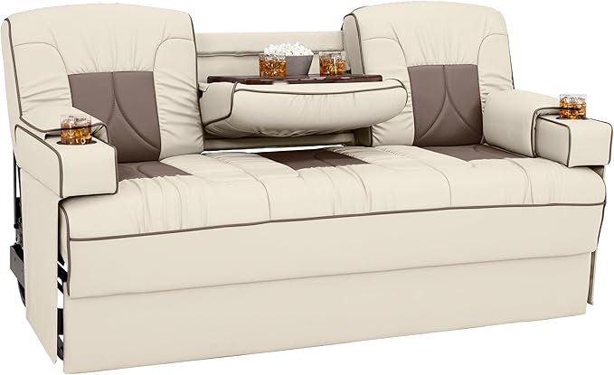 Qualitex De Leon Console SL RV Sofa Bed, 68" Wide, Ulitmate Leather, Bisque and Light Antelope