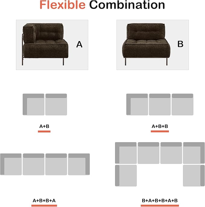 MCombo Modular Sofa Couch with Removable Cushion, Accent Sofa Chair, Upholstered Sofa for Living Room, Apartment, Office (Chocolate, Two Seats)