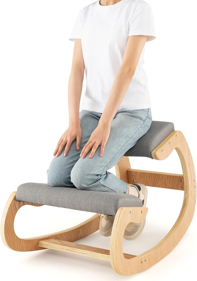GOFLAME Ergonomic Kneeling Chair, Wooden Rocking Knee Chair with Comfortable Padded Seat Cushion & Knee Support for Home Office, Upright Posture Support Chair for Back Pain Relief (Gray)