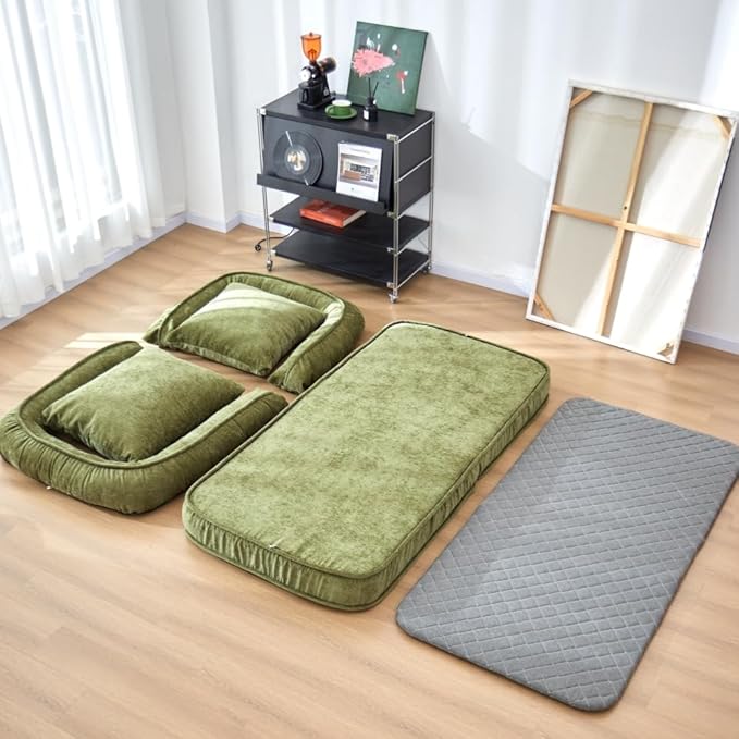 LouannTatami Foldable Lazy Sofa Bed Floor Chair - Adjustable Human Dog Bed for Adults Kids Floor Seats - Cozy Small Couch for Home Living Room (Green)
