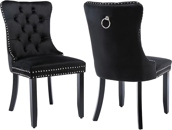 YeahFurn Black Mid Century Modern Dining Chairs Set of 2, Velvet Upholstered Kitchen & Dining Room Chairs with Nailhead Trim & Solid Wood Legs, Elegant Sillas De Comedor (Black, 2 Pcs)