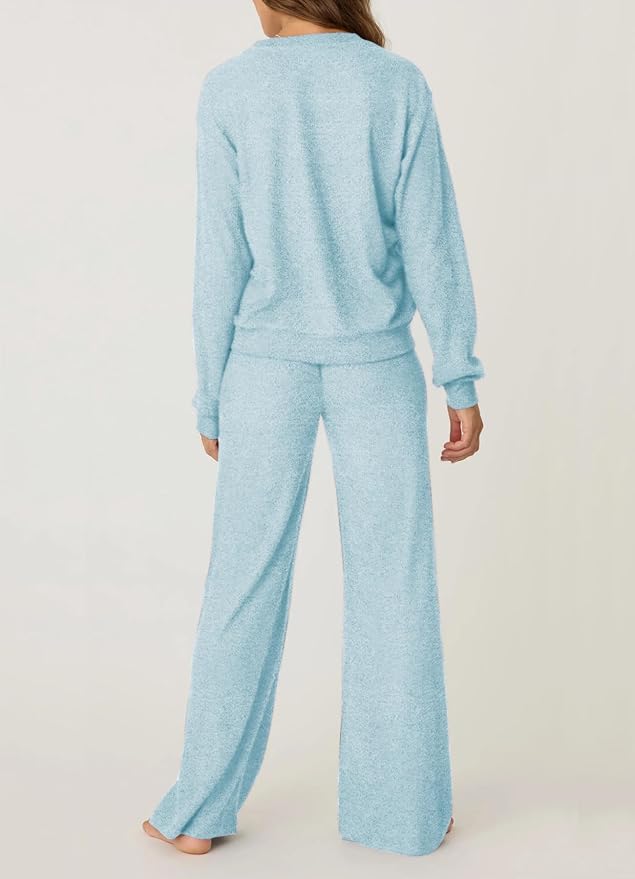 Aamikast Women's 2-Piece Lounge Set Soft Brushed Jersey Sleepwear Pajamas Set Long Sleeve Top & Wide Leg Pants