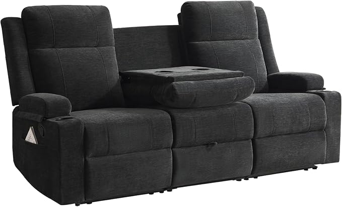 PALLOME Chenille Reclining Sofa 3-Seater with Convertible Table, Storage Ottoman & Cup Holders | Modern Space-Saving Couch, Ergonomic Living Room Furniture (Black)
