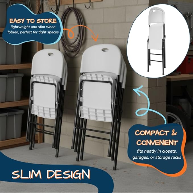 EZONE (4pcs Heavy Duty Plastic Foldable Chair for Adults, Portable Outdoor Seating for Wedding, Event, Party, Backyard, Patio, or Dining Use, Comfortable Stackable Design (White, 4 Pack)