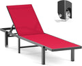 Ciokea Aluminum Chaise Lounge Chair Outdoor with Wheels, Patio Lounge Chair with Adjustable 5-Position Recliner and Full Flat Tanning Chair for Patio, Beach, Pool, Red