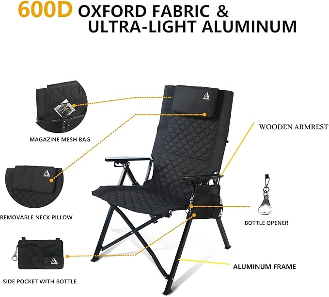 Aluminum Reclining Camping Chair, Heavy Duty Folding Lawn Chairs with 4-Stage Adjustable High Back for Adults, Compact Foldable Outdoor Patio Reclining Chair (Black, 1 Pack)