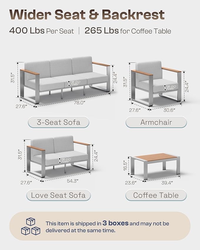 ComfCove Aluminum Outdoor Furniture Set, 4 Seats Outdoor Patio Conversation Sets with Ergonomic Seat and Wide Washable Thick Cushions, Modern Patio Sectional Furniture for Balcony, Porch (Teak-Gray)