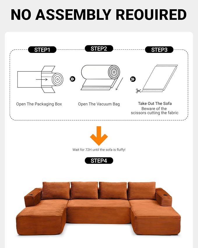 132" Modular Sectional Sleeper Sofa, Boneless Cloud Couch for Living Room, U Shaped 5 Seat Sofa with 2 Cup Holders, Free Combination, No Assembly Required (Orange)