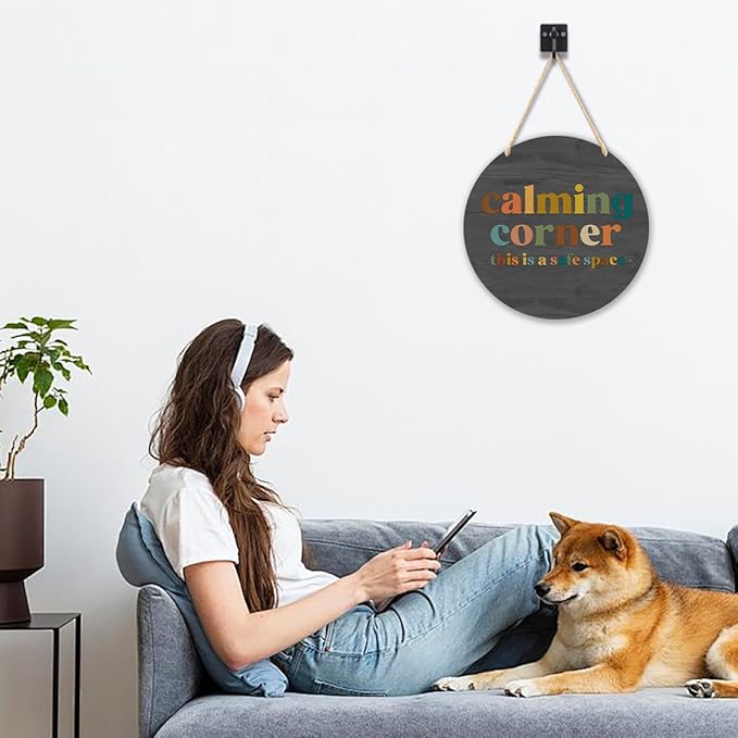 Calming Corner Hanging Wood Sign Plaque - Safe Space, School Counselor Office, Calm Down Corner Decorations - Boho Style, 10x8 (Roundness Gray)