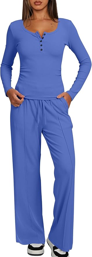 Darong Womens 2 Piece Matching Lounge Sets 2026 Long Sleeve Henley Shirts Wide Leg Pants Airport Travel Outfits