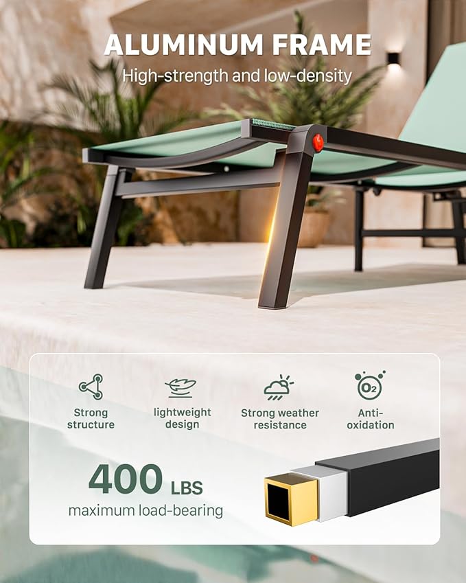 Aluminum Chaise Foldable Patio Lounge Chair Outdoor, Metal Deck Lounger Adjustable 5-Position Recliner Pool Chase Breathable Full Flat Outside Sun Tanning Chairs for Beach/Poolside/Lawn(Green, 1Pack)