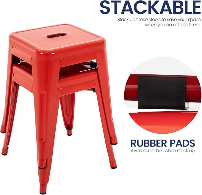 Brage Living 18 Inch Industrial Metal Stools Set of 2, Short Stackable Classroom Stools, Backless Metal Dining Chairs for Indoor Outdoor Kitchen (Red)