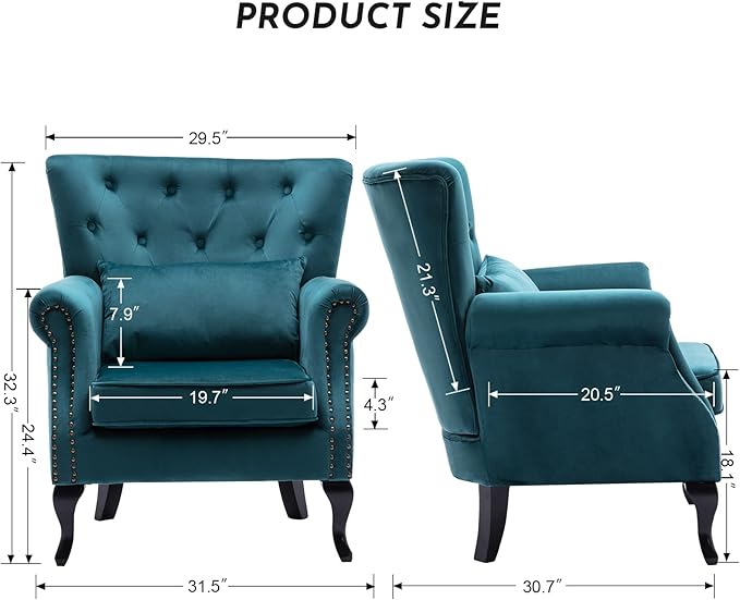 LZAREAL Accent Reading Arm Chairs for Living Room Bedroom, Midcentury Modern Comfy Corner Sofa Chair, Wingback Waiting Room Club Chair with Button Tufted Back &Lumbar Pillow, Velvet Teal