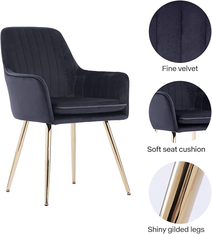 Purgreen Velvet Dining Chair Set of 2 - Modern Mid-Back Accent Chair with Gold Plating Legs - Comfy Upholstered Chair for Living Room，Restaurant & Reception Room (Velvet Black, Set of 2)