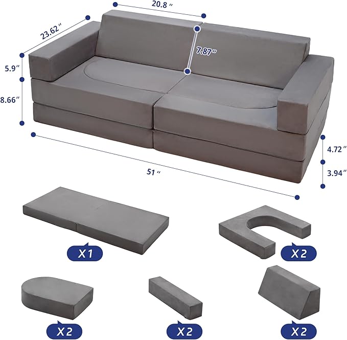10pcs Modular Kids Play Couch, Toddler Sectional Sofa for Playroom Bedroom, Convertible Foam and Floor Cushion for Boys & Girls, Gray