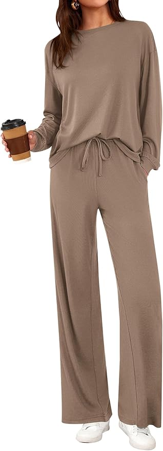 PRETTYGARDEN Womens 2 Pieces Lounge Sets Crewneck Long Sleeve Wide Leg Drawstring Pants Tracksuits Loose Fit Outfits Set