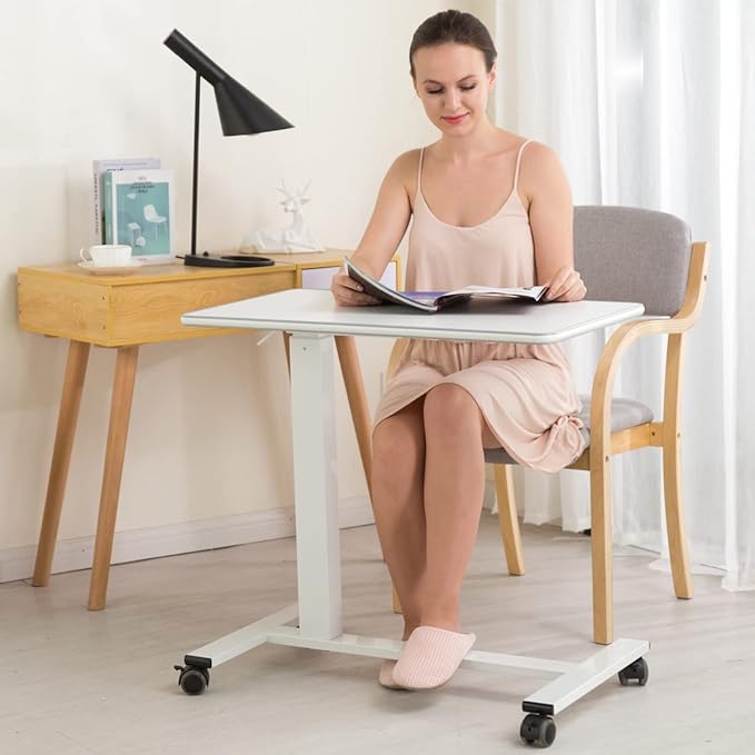 TigerDad Pneumatic Adjustable Overbed Table with Gas Spring Riser | Medical Adjustable Bed Side Table with Wheels | Portable Standing Desk for Laptop Computer with Large Work Space 30.7"x 17"