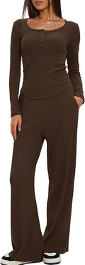 Darong Womens 2 Piece Matching Lounge Sets 2026 Long Sleeve Henley Shirts Wide Leg Pants Airport Travel Outfits