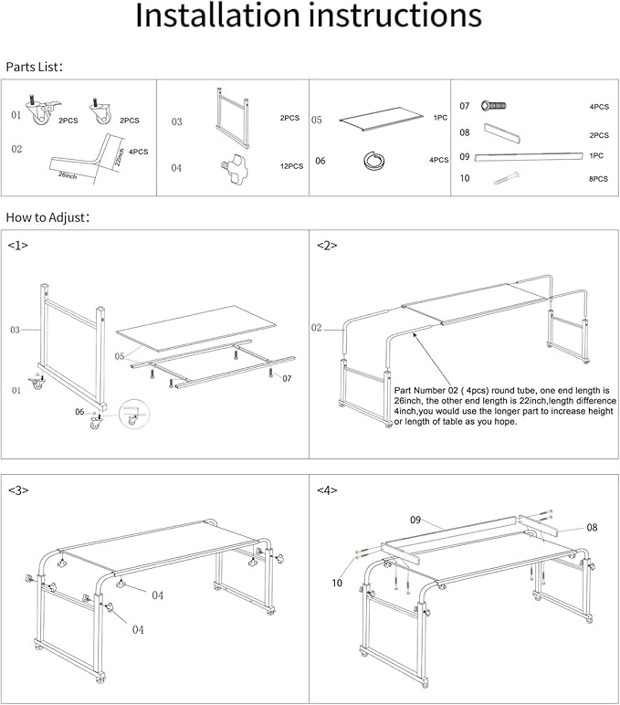 Saifu Overbed Table with Wheels,Adjustable Height & Length Laptop Desk for Bed,King & Queen Size Beds Bed Table,Rolling Standing Desk,Over Bed Table for Working Reading Eating,Brown