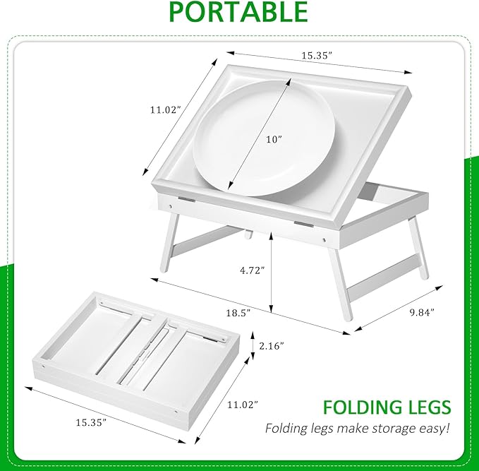 Bed Tray Table Breakfast Food Tray with Folding Legs Serving Tray for Computer Laptop Desk Bed Platters TV Snack Tray by Artmeer (White, Medium)