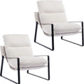 Mid-Century Accent Chair Set of 2, Comfy Sherpa Fabric Side Chair with Armrest, Upholstered Leisure Chair with Black Metal Frame for Living Room Bedroom Reception Room, White
